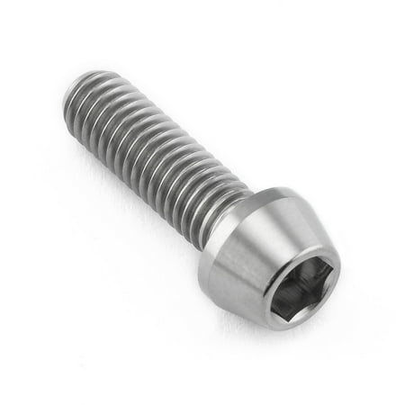 Tapered Allen head titanium bolt in natural finish, measuring M6 x 1.00mm x 20mm, featuring a smooth, shiny surface and hexagonal socket for tool insertion.