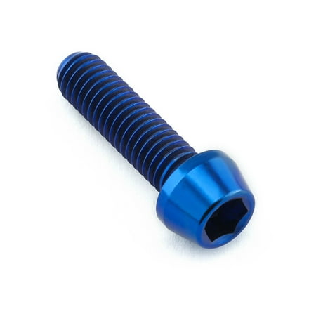 Blue titanium tapered Allen head bolt, M6 size, measuring 22mm in length, featuring a hexagonal socket for easy installation.