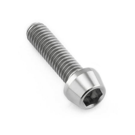 Tapered Allen head titanium bolt in natural finish, measuring M6 x 1.00mm x 22mm, featuring a smooth, shiny surface and a hexagonal socket for easy installation.