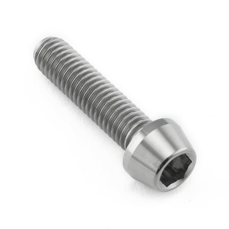 Tapered Allen head titanium bolt in natural finish, measuring M6 x 1.00mm x 25mm, featuring a smooth, shiny surface and a hexagonal socket for easy installation.