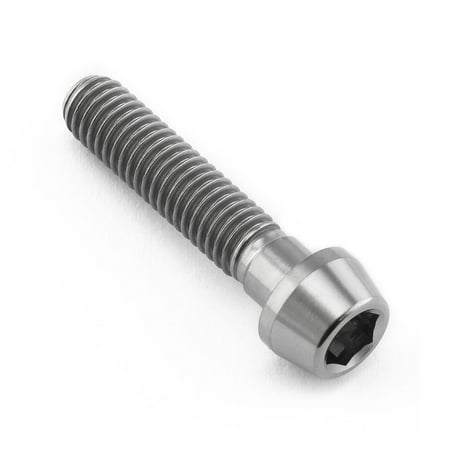 Tapered Allen head titanium bolt in natural finish, measuring M6 x 1.00mm x 28mm, featuring a smooth, shiny surface and a hexagonal socket for easy installation.