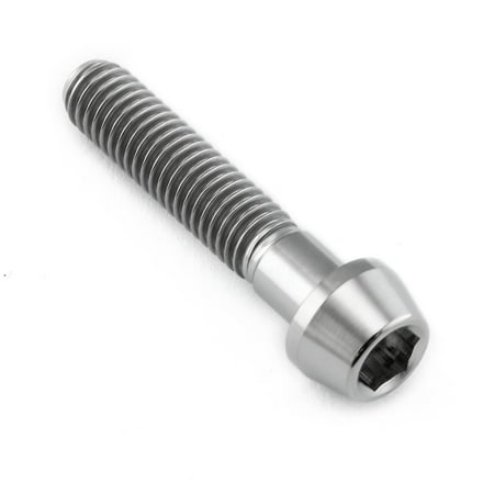 Tapered Allen head titanium bolt in natural finish, measuring M6 x 1.00mm x 30mm, featuring a smooth, shiny surface and spiral threading along the shaft.