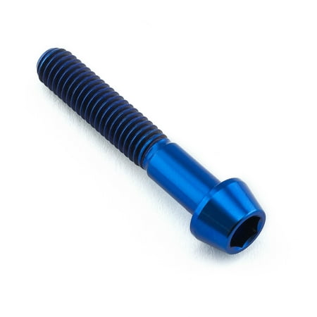 Blue titanium tapered Allen head bolt, M6 x 1.00mm x 35mm, featuring a smooth finish and deep socket for hex key, ideal for lightweight applications.