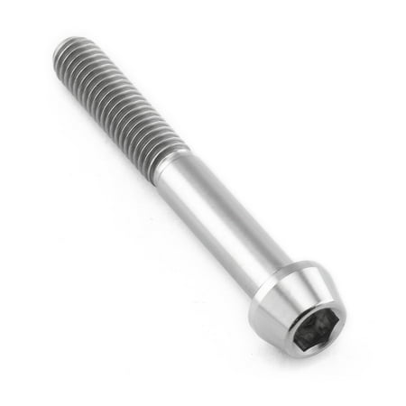 Tapered Allen head titanium bolt in natural finish, measuring M6 x 1.00mm x 45mm with a 25mm thread length, featuring a smooth, shiny surface and deep hex socket.