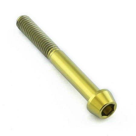 Gold titanium tapered Allen head bolt, measuring M6 x 1.00mm x 50mm with a 25mm length, featuring a smooth finish and spiral threading for secure fastening.