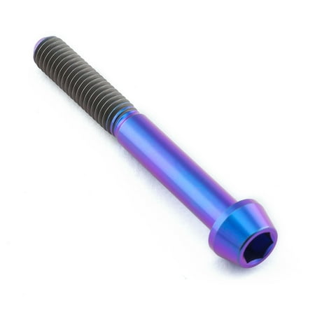 Tapered Allen head titanium bolt in vibrant purple, measuring M6 x 1.00mm x 50mm, featuring a smooth, shiny finish and distinct threading along the shaft.