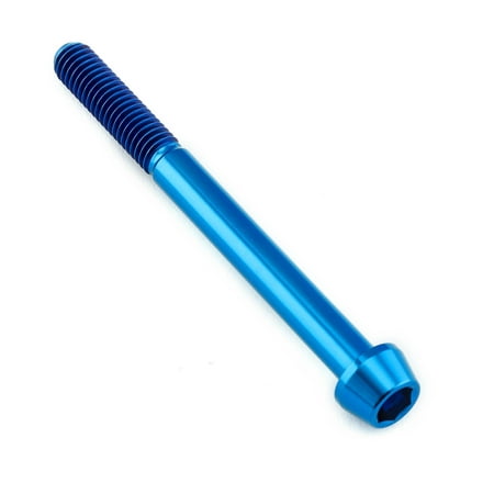 Tapered Allen head titanium bolt in vibrant blue, measuring M6 x 1.00mm x 65mm, featuring a smooth finish and prominent threading for secure fastening.