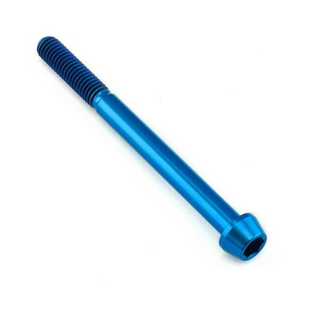 Tapered blue titanium Allen head bolt, measuring M6 x 1.00mm x 70mm, featuring a smooth finish and distinct threading along the shaft.