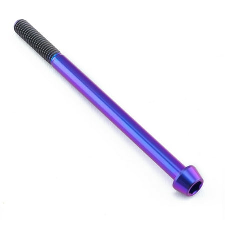 Tapered Allen head titanium bolt in vibrant purple, measuring M6 x 1.00mm x 90mm with a 25mm thread length, featuring a smooth finish and ridged shaft for grip.