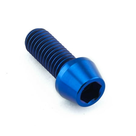 Blue tapered Allen head titanium bolt, measuring M8 x 1.25mm x 20mm, featuring a shiny finish and hexagonal socket for easy installation.