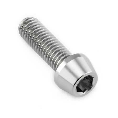 Tapered Allen head titanium bolt in natural finish, measuring M8 x 1.25mm x 25mm, featuring a shiny, metallic surface and a hexagonal socket for tool insertion.