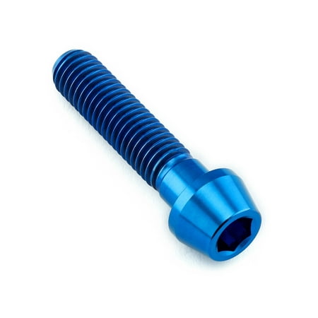 Blue tapered Allen head titanium bolt, measuring M8 x 1.25mm x 35mm, featuring a smooth finish and hexagonal socket for easy installation.