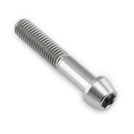 Tapered Allen head titanium bolt in natural finish, measuring M8 x 1.25mm x 45mm, featuring a smooth, shiny surface and spiral grooves along the shaft.
