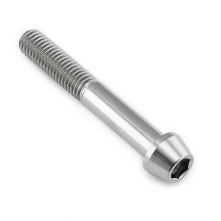 Tapered Allen head titanium bolt in natural finish, measuring M8 x 1.25mm x 55mm, featuring a smooth, shiny surface and hexagonal socket for easy installation.