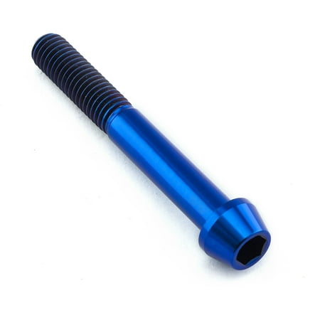 Blue tapered Allen head titanium bolt, measuring M8 x 1.25mm x 60mm, featuring a smooth finish and distinct hexagonal socket for easy installation.