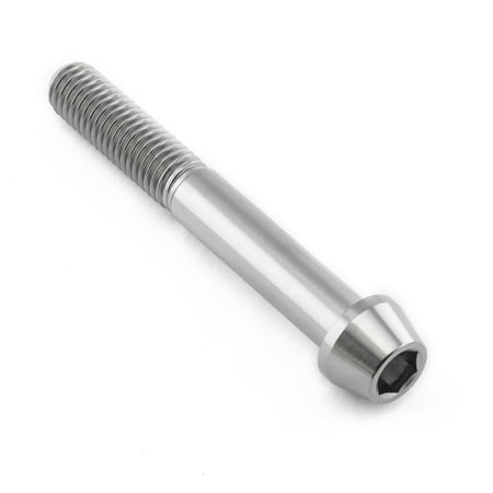 Tapered Allen head titanium bolt in natural finish, measuring M8 X 1.25mm X 60mm, featuring a smooth, shiny surface and spiral threading along the shaft.