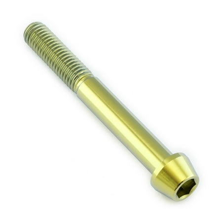 Gold titanium tapered Allen head bolt, measuring M8 x 1.25mm x 65mm with a 25mm length, featuring a shiny finish and distinct threaded design.