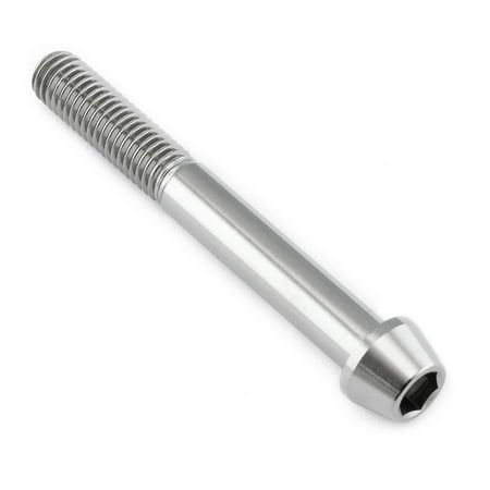 Tapered Allen head titanium bolt in natural finish, measuring M8 x 1.25mm x 65mm, featuring a smooth, shiny surface and a hexagonal socket for easy installation.