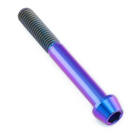 Purple titanium tapered Allen head bolt, measuring M8 x 1.25mm x 65mm, featuring a smooth finish and a hexagonal socket for easy installation.