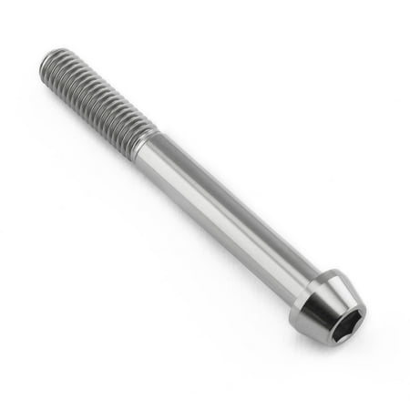 Tapered Allen head titanium bolt in natural finish, measuring M8 x 1.25mm x 70mm with a 25mm length, featuring a sleek, shiny surface and distinct threading.