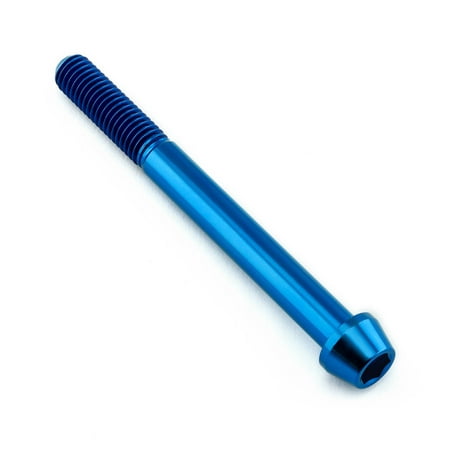 Blue titanium tapered Allen head bolt, measuring M8 x 1.25mm x 80mm, featuring a smooth finish and prominent threading along the shaft.