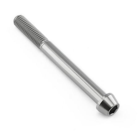 Tapered Allen head titanium bolt in natural finish, measuring M8 x 1.25mm x 80mm with a 28mm length, featuring a smooth, shiny surface and hexagonal socket for tools.