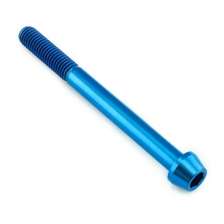Blue tapered Allen head titanium bolt measuring M8 X 1.25mm X 85mm, featuring a shiny finish and distinct threaded design for secure fastening.