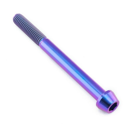 Purple tapered Allen head titanium bolt, measuring M8 x 1.25mm x 85mm, featuring a shiny finish and distinctive threading along the shaft.