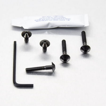 Pro-Bolt Titanium Chain Guard & Hugger Bolt Kit in black, featuring five black titanium bolts and an Allen wrench, packaged with a small tube of thread lock.