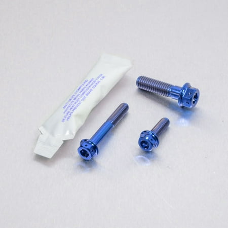 Pro-Bolt Titanium Chain Guard & Rail Bolt Kit in blue, featuring three blue titanium bolts and a small packet of thread locker, all set against a silver background.