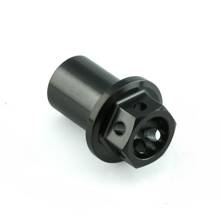 Black titanium engine nut with a hexagonal shape and multiple holes, designed for cable cover kits, showcasing a sleek, durable finish.