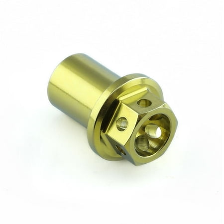 Gold titanium engine nut from Pro-Bolt, featuring a hexagonal shape with three holes, designed for cable cover kits, showcasing a shiny, durable finish.