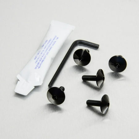 Pro-Bolt Titanium Exhaust Heat Shield Mount Bolt Kit featuring five black titanium bolts, a black hex key, and a small tube of adhesive, all on a light gray surface.