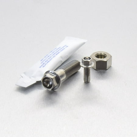 Pro-Bolt Titanium Exhaust Mount Bolt Kit in silver, featuring a long bolt, a shorter bolt, a nut, and a packet of thread lock adhesive, all with a shiny metallic finish.