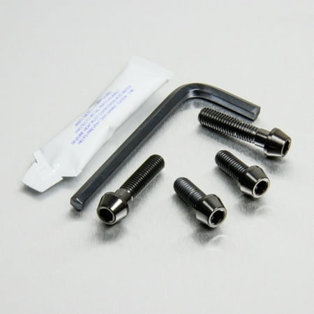 Pro-Bolt Titanium Footrest Heel Plate Bolt Kit in black, featuring four black titanium bolts, an Allen wrench, and a small tube of thread locker, all on a silver background.
