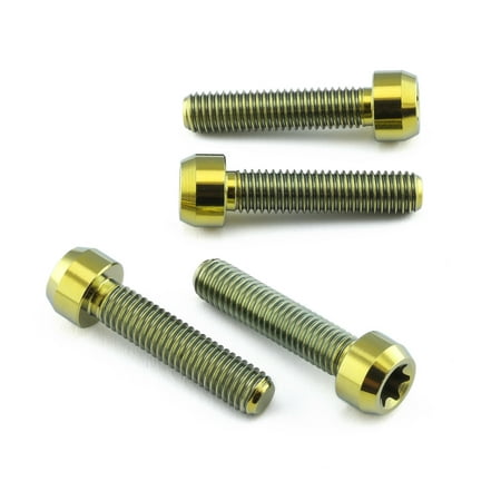 Gold titanium front axle pinch bolt kit featuring four bolts with hex heads and fine threading, designed for durability and performance enhancement.