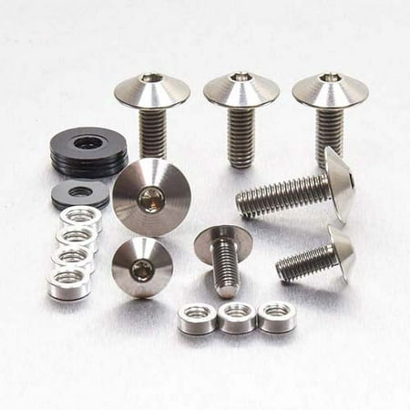 Pro-Bolt Titanium Mudguard & Hugger Bolt Kit featuring silver titanium bolts, washers, and spacers arranged neatly on a light metallic surface.