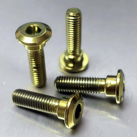 Gold titanium pillion footrest hanger bolts, featuring a shiny finish, hexagonal heads, and threaded shafts, arranged in a visually appealing manner.