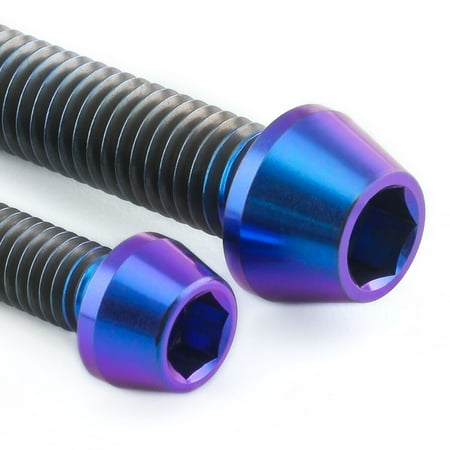 Purple titanium pillion footrest hanger bolts with a hexagonal socket head, featuring a shiny, anodized finish and varying lengths for versatile installation.