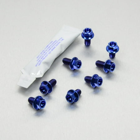 Pro-Bolt Titanium Radiator Guard Mount Bolt Kit featuring eight blue anodized bolts and a small packet of adhesive, designed for durability and style.