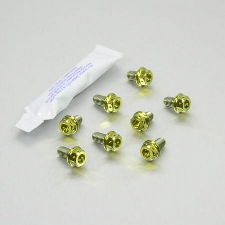 Gold titanium radiator guard mount bolt kit by Pro-Bolt, featuring eight shiny bolts with hex heads and a small packet of adhesive included.