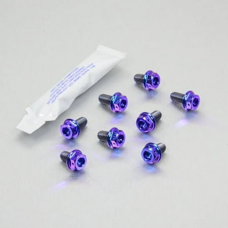 Purple titanium radiator guard mount bolt kit featuring eight bolts with a shiny finish and a packet of thread lock adhesive.