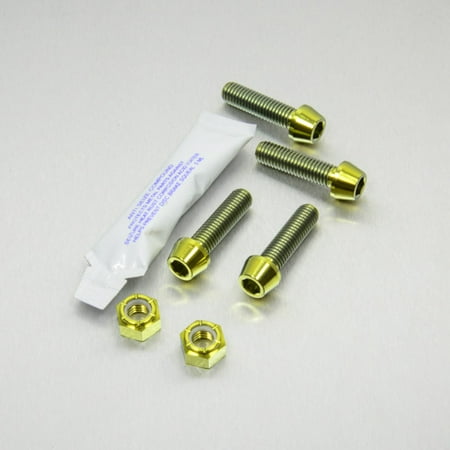 Pro-Bolt Titanium Rider Footrest Hanger Bolt Kit in gold, featuring four gold titanium bolts, two matching nuts, and a small packet of adhesive.