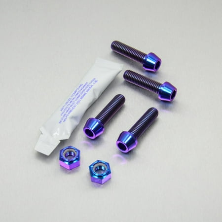 Pro-Bolt Titanium Rider Footrest Hanger Bolt Kit in purple, featuring four titanium bolts, two hex nuts, and a small packet of thread lock, all with a shiny finish.