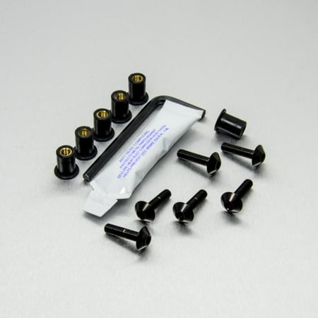 Pro-Bolt Titanium Screen Bolt Kit in black, featuring multiple black titanium bolts, gold inserts, a small tube of adhesive, and a hex key for installation.