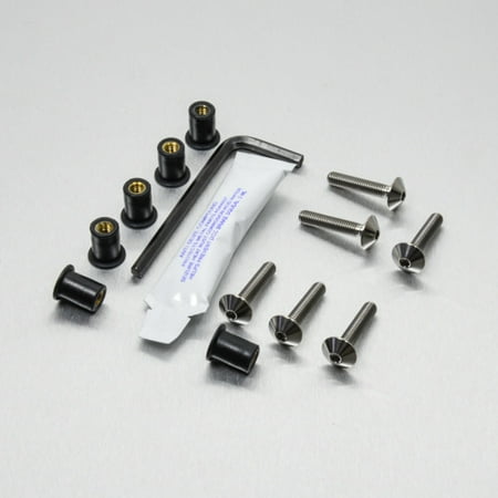Pro-Bolt Titanium Screen Bolt Kit in silver includes titanium bolts, black spacers, an Allen key, and a small tube of adhesive, all arranged neatly on a light background.