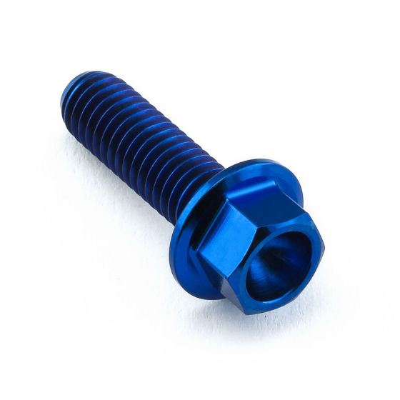 Blue titanium subframe mount bolt with a hexagonal head and a smooth, threaded shaft, designed for durability and lightweight performance.