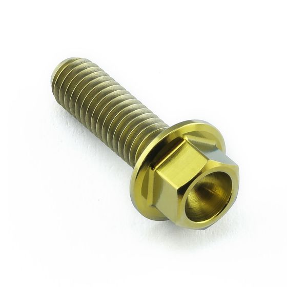 Gold titanium subframe mount bolt with a hexagonal head and threaded shaft, featuring a polished finish for durability and aesthetic appeal.