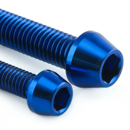 Two blue titanium swingarm pinch bolts with a hexagonal socket and a polished finish, showcasing a durable design for motorcycle applications.