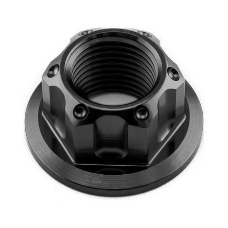 Black titanium swingarm pivot flanged nut featuring a textured surface, deep internal threading, and a flanged base for secure fitting, designed for durability and performance.